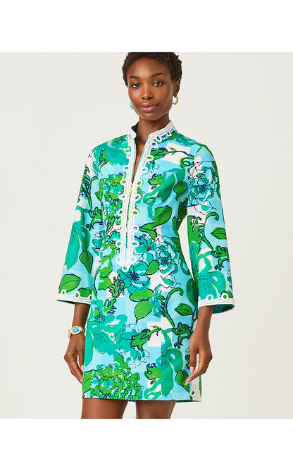 SHEALYN 3/4 SLEEVE STRETCH DRESS, CAPRI BLUE ROUSSEAUS ROSES OVERLAY