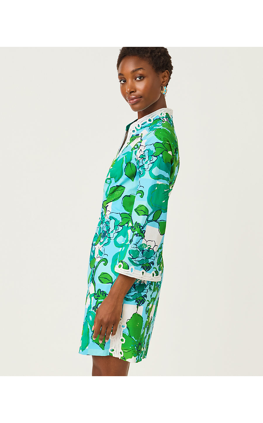 SHEALYN 3/4 SLEEVE STRETCH DRESS, CAPRI BLUE ROUSSEAUS ROSES OVERLAY