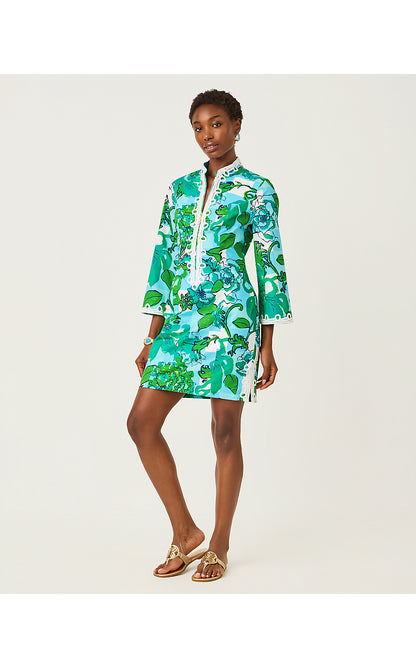 SHEALYN 3/4 SLEEVE STRETCH DRESS, CAPRI BLUE ROUSSEAUS ROSES OVERLAY