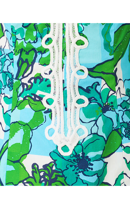 SHEALYN 3/4 SLEEVE STRETCH DRESS, CAPRI BLUE ROUSSEAUS ROSES OVERLAY