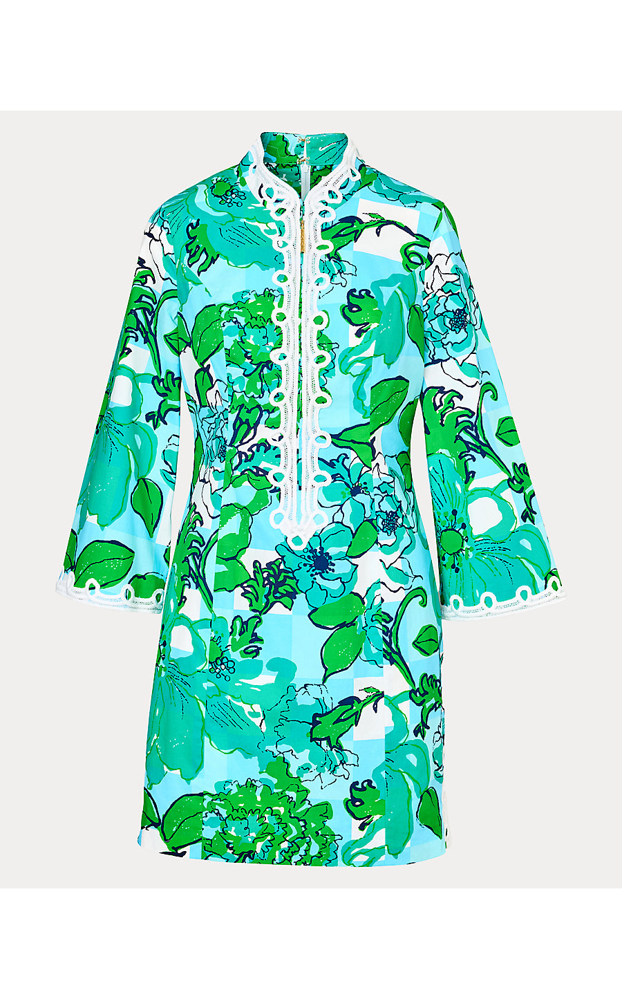 SHEALYN 3/4 SLEEVE STRETCH DRESS, CAPRI BLUE ROUSSEAUS ROSES OVERLAY