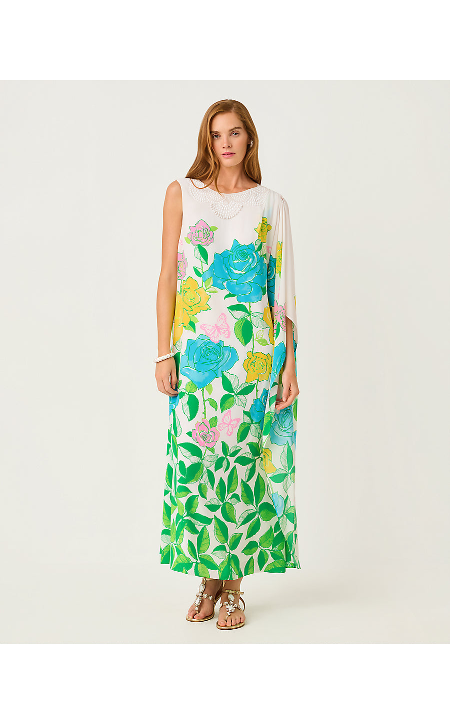 JAIDA SILK MAXI CAFTAN, MULTI ROSE BUD ENGINEERED WOVEN MAXI DRESS