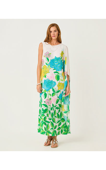 JAIDA SILK MAXI CAFTAN, MULTI ROSE BUD ENGINEERED WOVEN MAXI DRESS