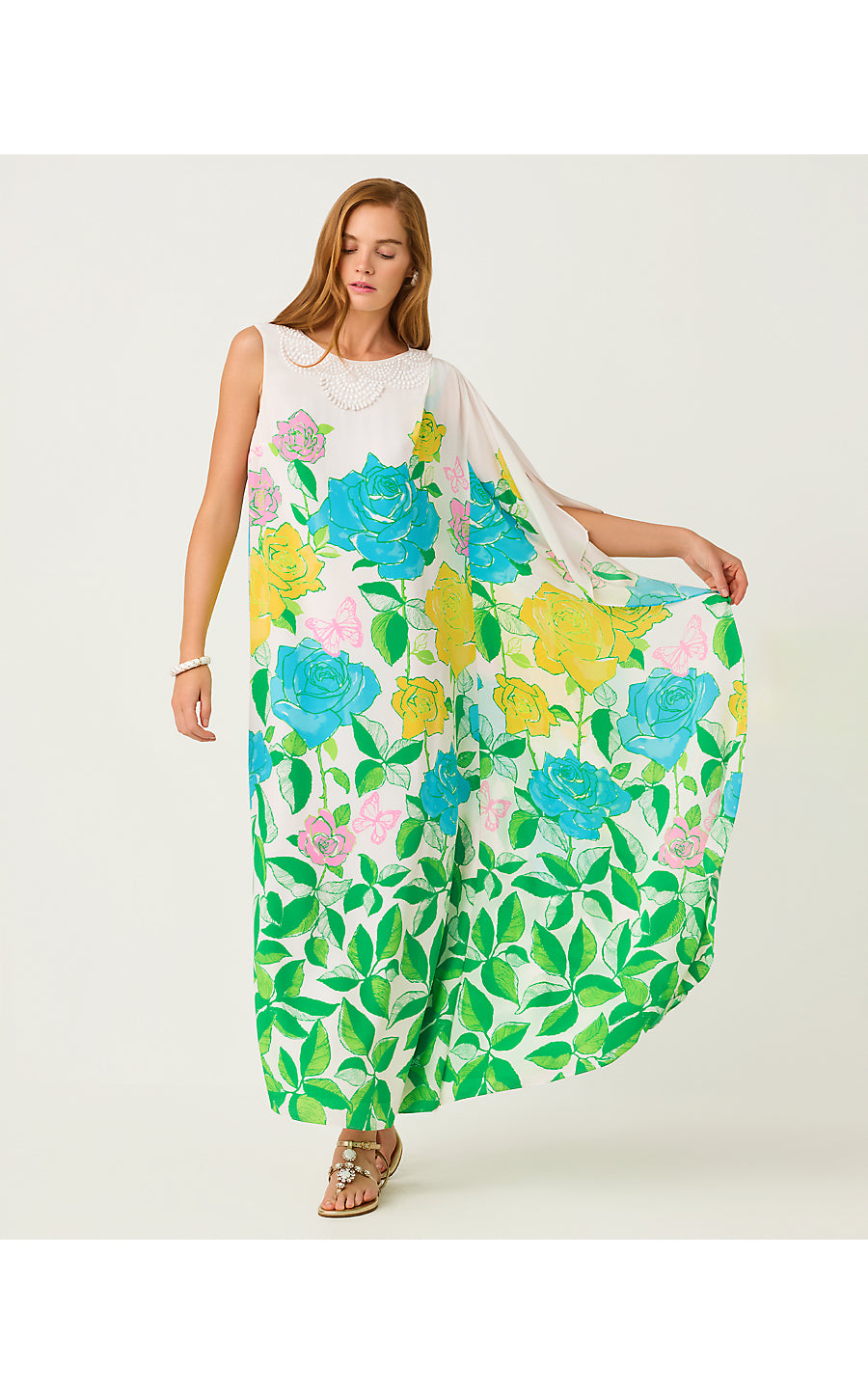 JAIDA SILK MAXI CAFTAN, MULTI ROSE BUD ENGINEERED WOVEN MAXI DRESS