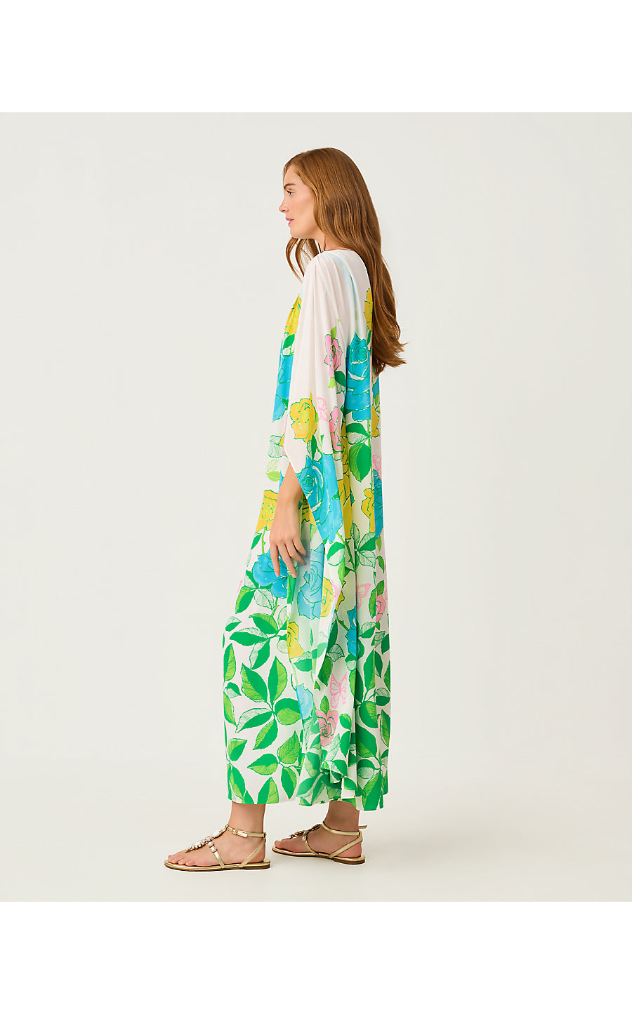 JAIDA SILK MAXI CAFTAN, MULTI ROSE BUD ENGINEERED WOVEN MAXI DRESS