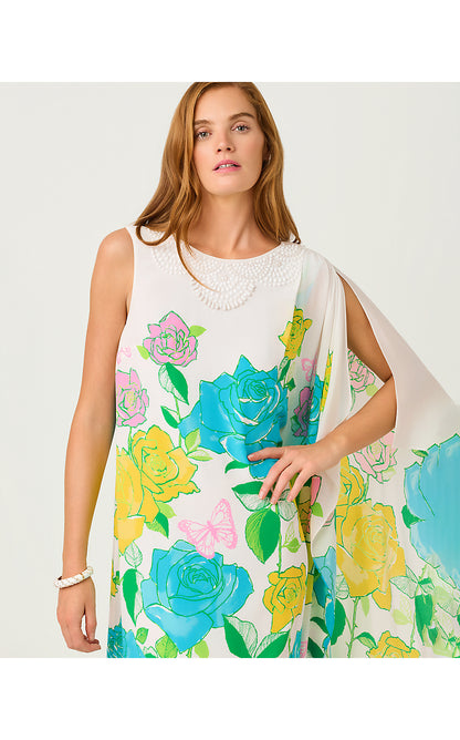 JAIDA SILK MAXI CAFTAN, MULTI ROSE BUD ENGINEERED WOVEN MAXI DRESS