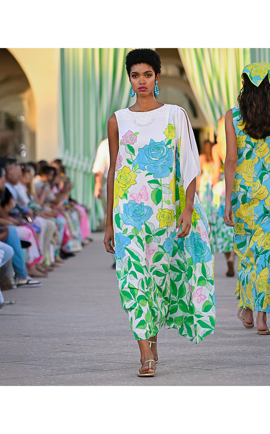 JAIDA SILK MAXI CAFTAN, MULTI ROSE BUD ENGINEERED WOVEN MAXI DRESS
