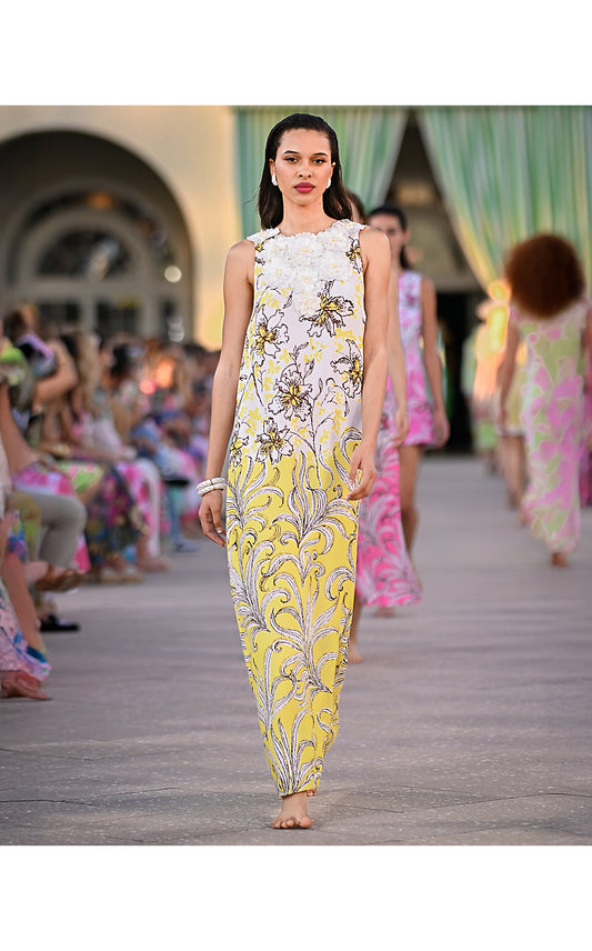 HARKLEY MAXI DRESS, ESTELLE YELLOW BUMBLEY BUZZ ENGINEERED WOVEN MAXI