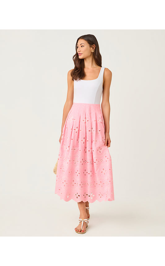 LISSETTE MIDI DRESS, CONCH SHELL PINK SPRING SHOWERS EYELET