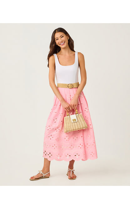 LISSETTE MIDI DRESS, CONCH SHELL PINK SPRING SHOWERS EYELET