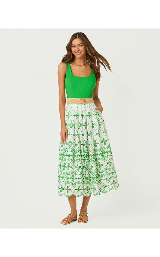 LISSETTE MIDI DRESS, PUTTING GREEN SPRING SHOWERS EYELET