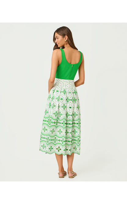 LISSETTE MIDI DRESS, PUTTING GREEN SPRING SHOWERS EYELET