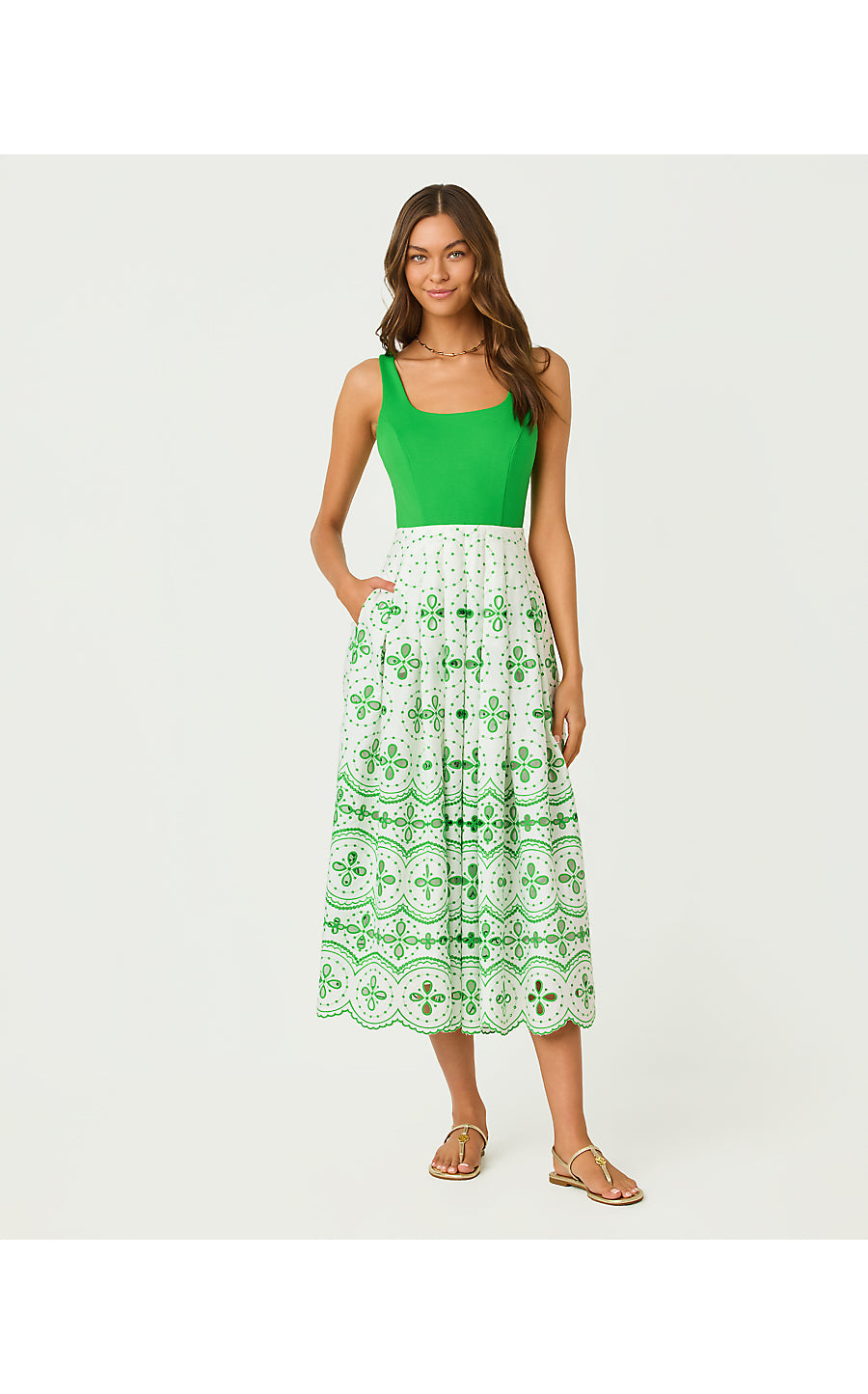 LISSETTE MIDI DRESS, PUTTING GREEN SPRING SHOWERS EYELET
