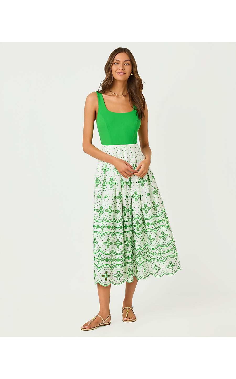 LISSETTE MIDI DRESS, PUTTING GREEN SPRING SHOWERS EYELET