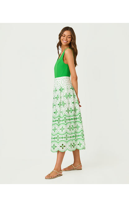 LISSETTE MIDI DRESS, PUTTING GREEN SPRING SHOWERS EYELET