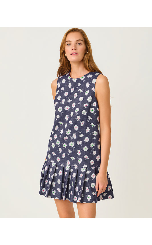 JOEY DRESS, LOW TIDE NAVY PETAL TOSS METALLIC JACQUARD