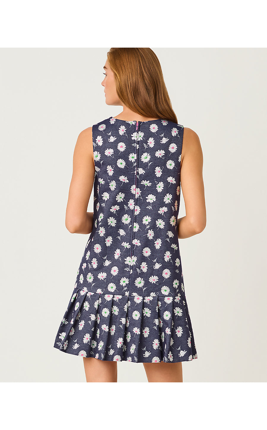 JOEY DRESS, LOW TIDE NAVY PETAL TOSS METALLIC JACQUARD