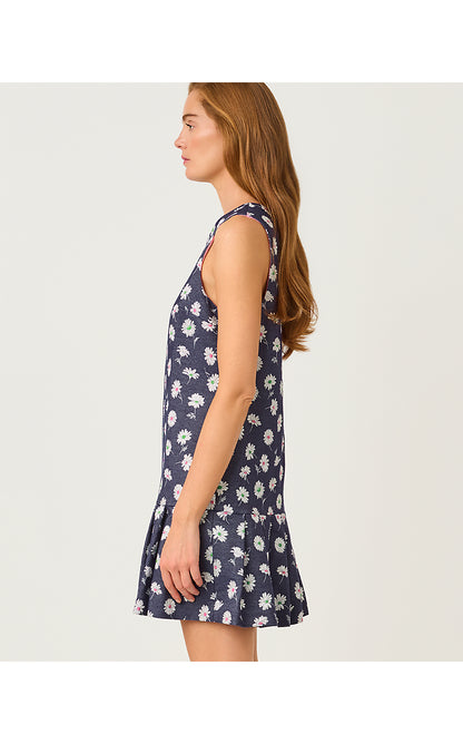 JOEY DRESS, LOW TIDE NAVY PETAL TOSS METALLIC JACQUARD