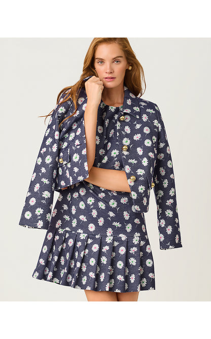 JOEY DRESS, LOW TIDE NAVY PETAL TOSS METALLIC JACQUARD