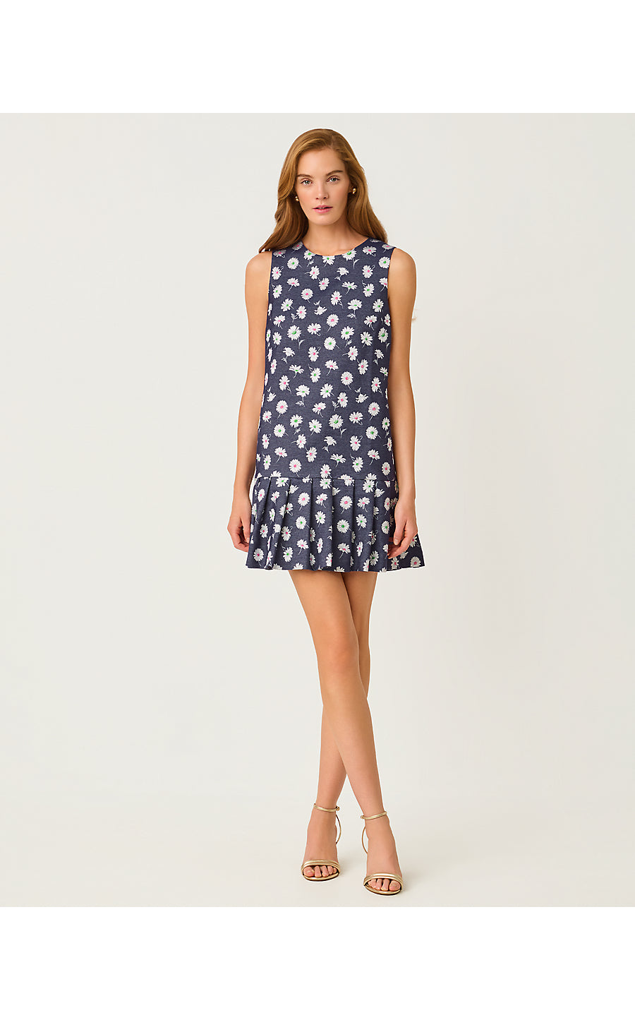 JOEY DRESS, LOW TIDE NAVY PETAL TOSS METALLIC JACQUARD