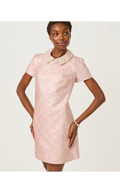 MYLAN SHORT SLEEVE SHIFT, CONCH SHELL PINK RITSY DITSY METALLIC BROCADE