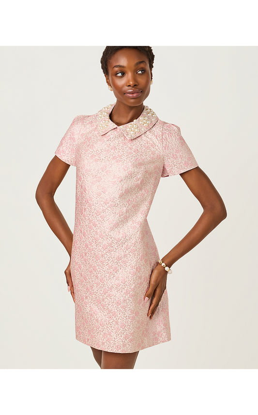 MYLAN SHORT SLEEVE SHIFT, CONCH SHELL PINK RITSY DITSY METALLIC BROCADE