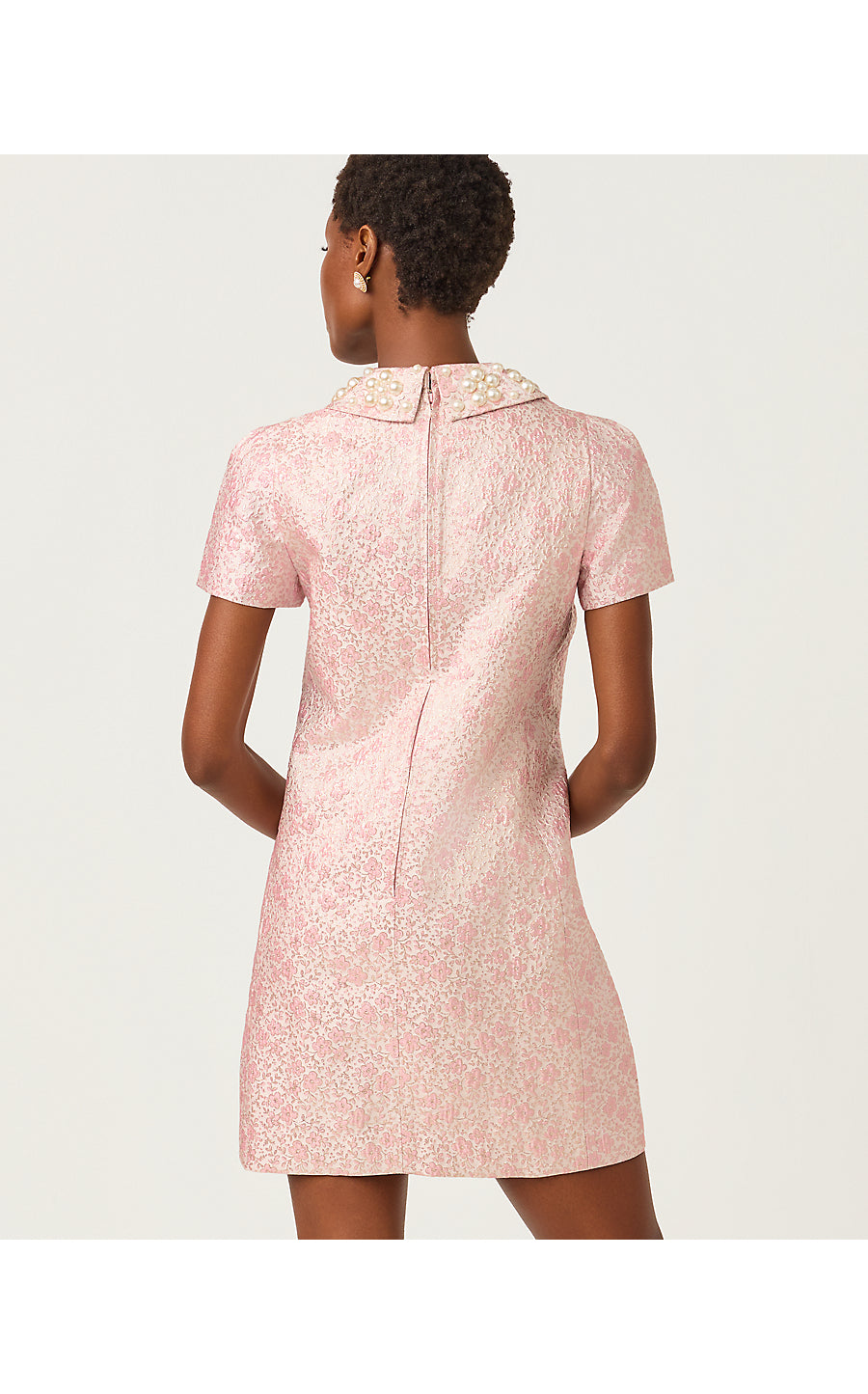 MYLAN SHORT SLEEVE SHIFT, CONCH SHELL PINK RITSY DITSY METALLIC BROCADE