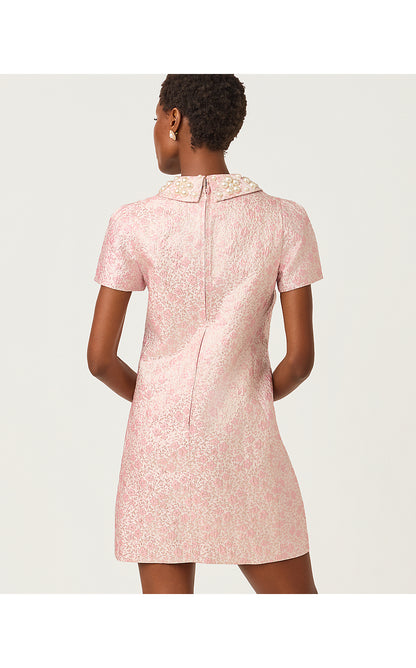 MYLAN SHORT SLEEVE SHIFT, CONCH SHELL PINK RITSY DITSY METALLIC BROCADE