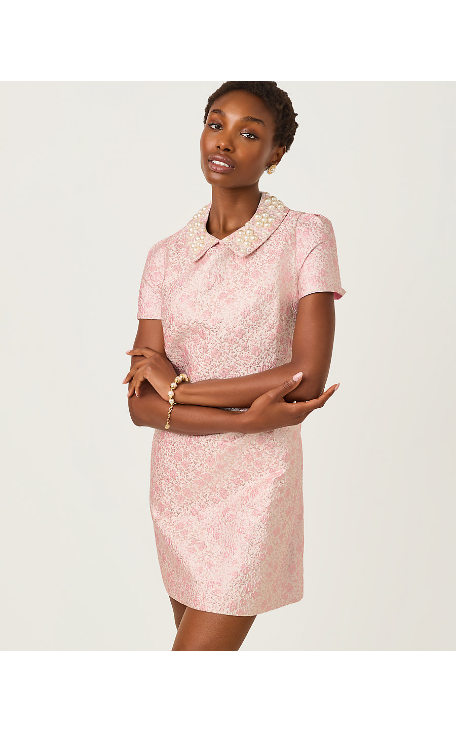MYLAN SHORT SLEEVE SHIFT, CONCH SHELL PINK RITSY DITSY METALLIC BROCADE