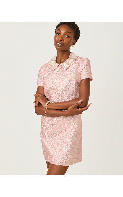 MYLAN SHORT SLEEVE SHIFT, CONCH SHELL PINK RITSY DITSY METALLIC BROCADE