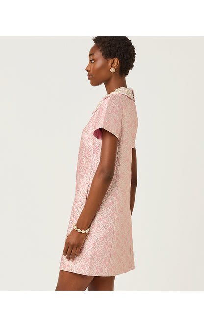 MYLAN SHORT SLEEVE SHIFT, CONCH SHELL PINK RITSY DITSY METALLIC BROCADE