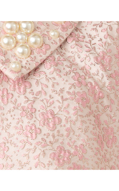 MYLAN SHORT SLEEVE SHIFT, CONCH SHELL PINK RITSY DITSY METALLIC BROCADE