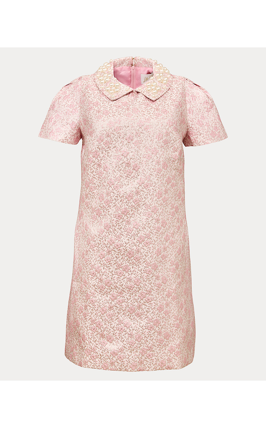 MYLAN SHORT SLEEVE SHIFT, CONCH SHELL PINK RITSY DITSY METALLIC BROCADE