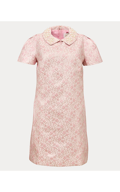 MYLAN SHORT SLEEVE SHIFT, CONCH SHELL PINK RITSY DITSY METALLIC BROCADE
