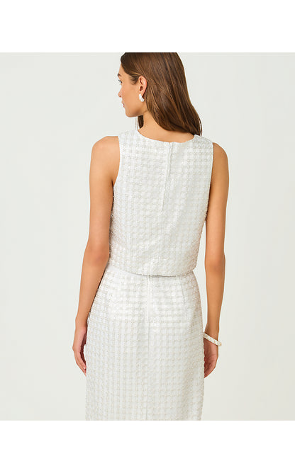 LATHAN SLEEVELESS CROPPED TOP, IRIDESCENT METALLIC PEARL GRID MESH