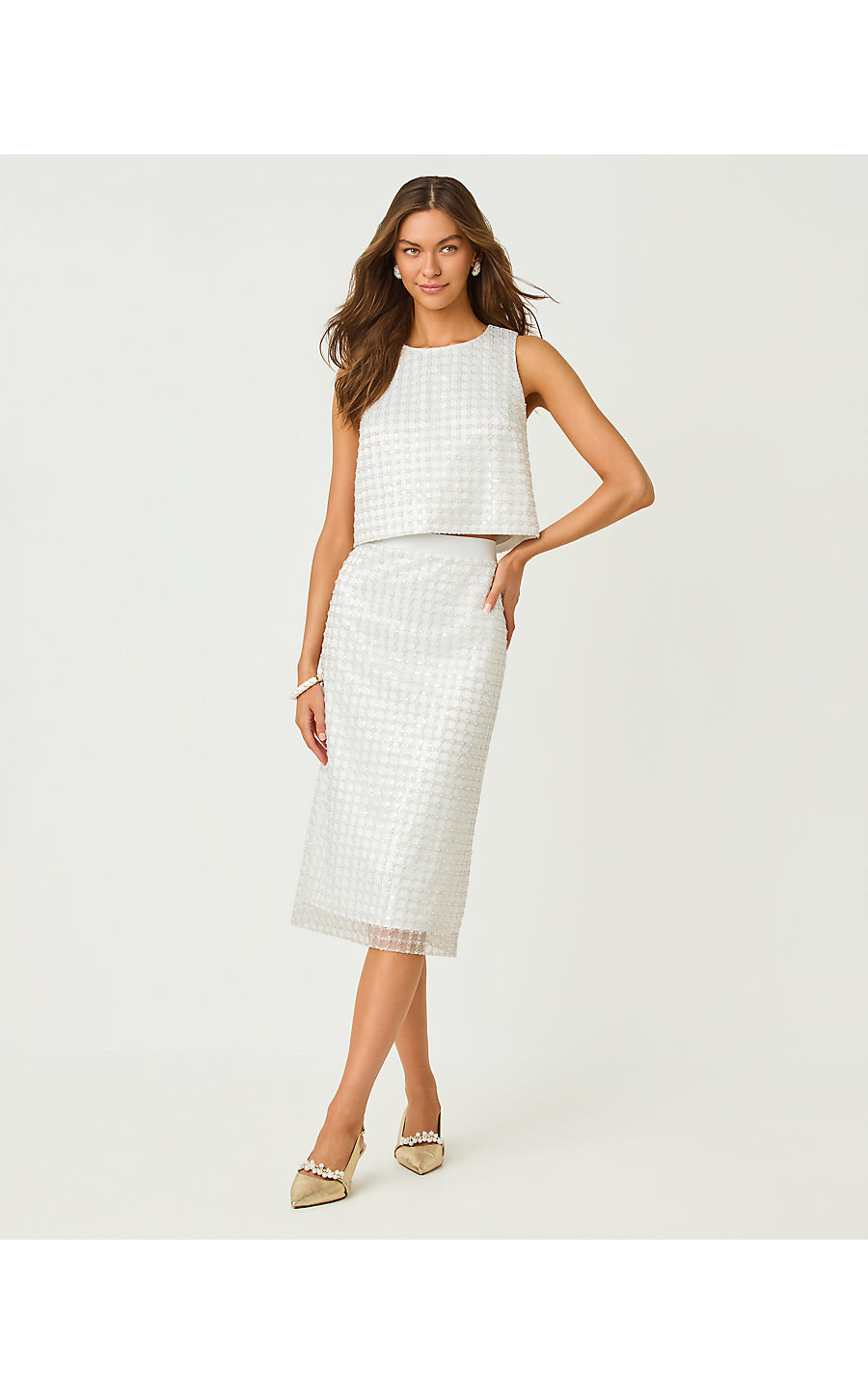 LATHAN SLEEVELESS CROPPED TOP, IRIDESCENT METALLIC PEARL GRID MESH