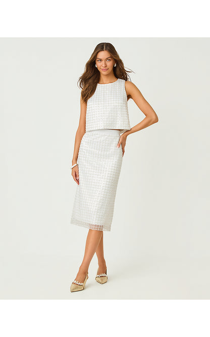 LATHAN SLEEVELESS CROPPED TOP, IRIDESCENT METALLIC PEARL GRID MESH
