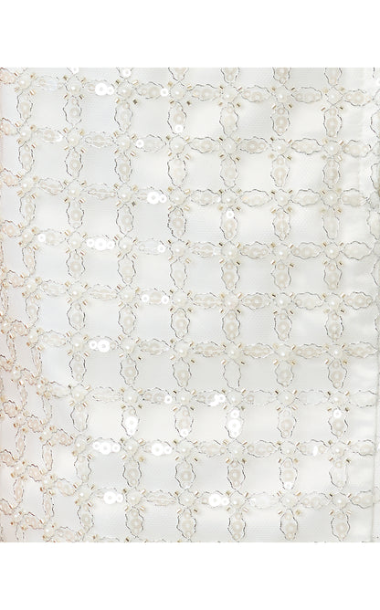LATHAN SLEEVELESS CROPPED TOP, IRIDESCENT METALLIC PEARL GRID MESH