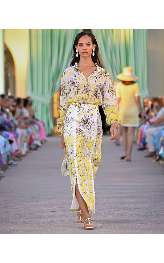 BRADLEY MAXI SKIRT, ESTELLE YELLOW BUMBLEY BUZZ OVERLAY ENGINEERED SKIRT