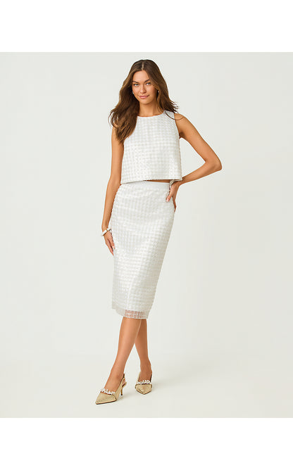 CORDAE MIDI SKIRT, IRIDESCENT METALLIC PEARL GRID MESH