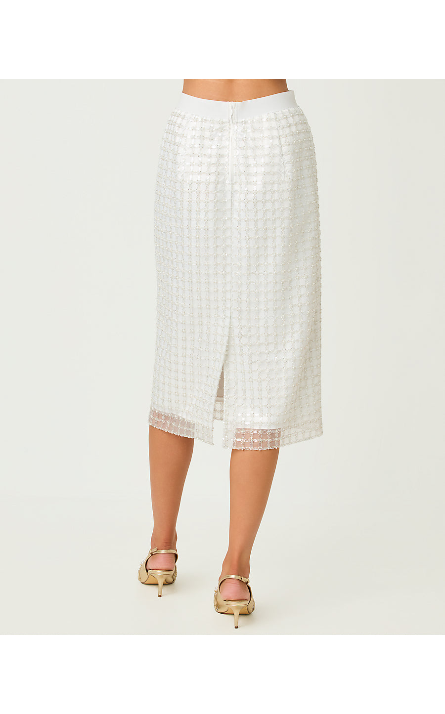 CORDAE MIDI SKIRT, IRIDESCENT METALLIC PEARL GRID MESH