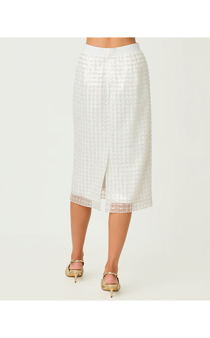 CORDAE MIDI SKIRT, IRIDESCENT METALLIC PEARL GRID MESH