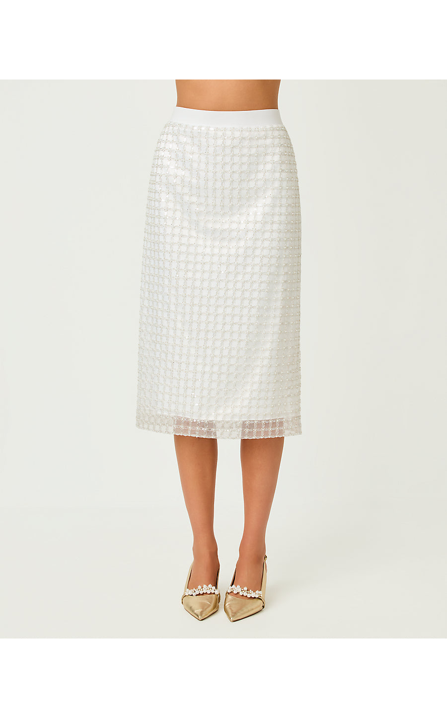 CORDAE MIDI SKIRT, IRIDESCENT METALLIC PEARL GRID MESH