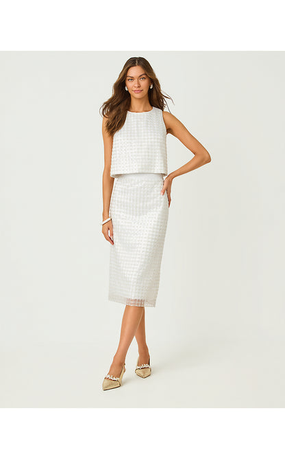 CORDAE MIDI SKIRT, IRIDESCENT METALLIC PEARL GRID MESH