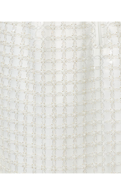 CORDAE MIDI SKIRT, IRIDESCENT METALLIC PEARL GRID MESH