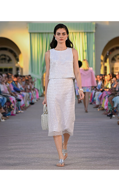 CORDAE MIDI SKIRT, IRIDESCENT METALLIC PEARL GRID MESH