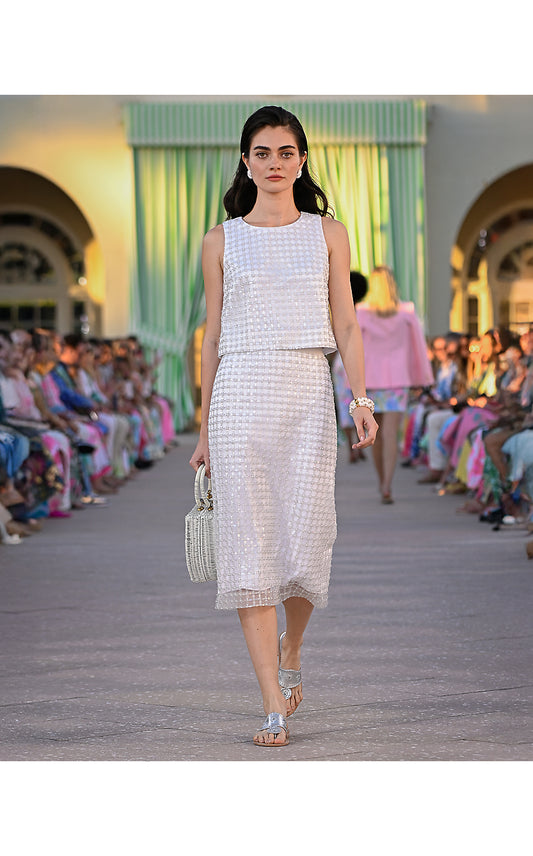 CORDAE MIDI SKIRT, IRIDESCENT METALLIC PEARL GRID MESH