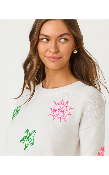 TENSLEY SWEATER, RESORT WHITE FLEUR DE LILLY EMBROIDERY