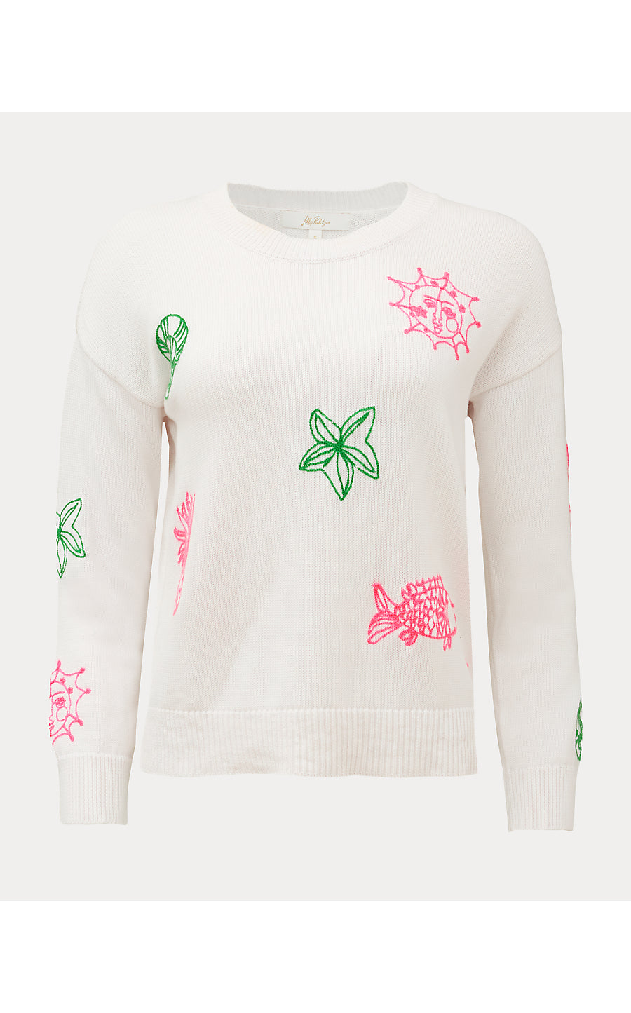 TENSLEY SWEATER, RESORT WHITE FLEUR DE LILLY EMBROIDERY