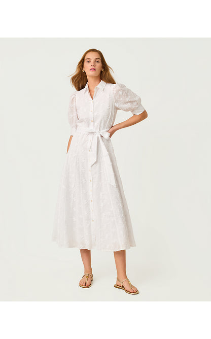 LARKYN MIDI SHIRTDRESS, RESORT WHITE MONARCH EMBROIDERED COTTON SWISS DOT
